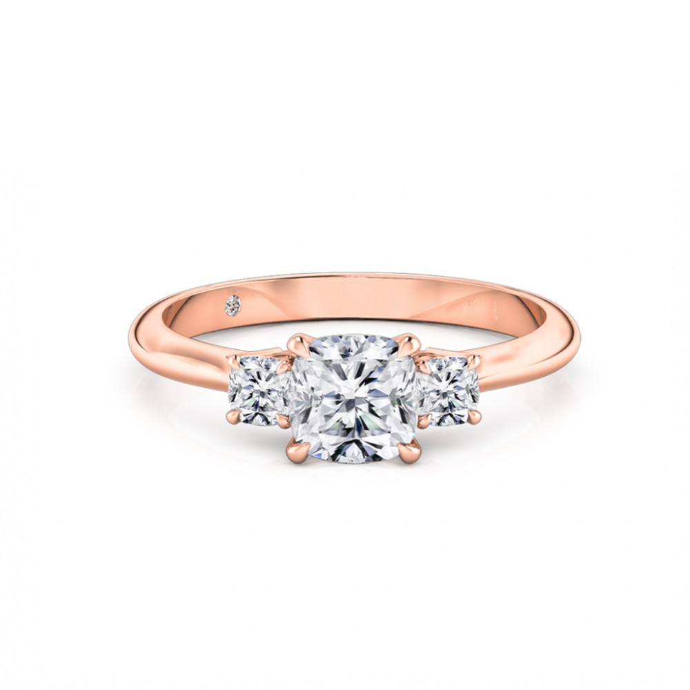 Cushion Cut Trilogy Diamond Engagement Ring 18K Rose Gold