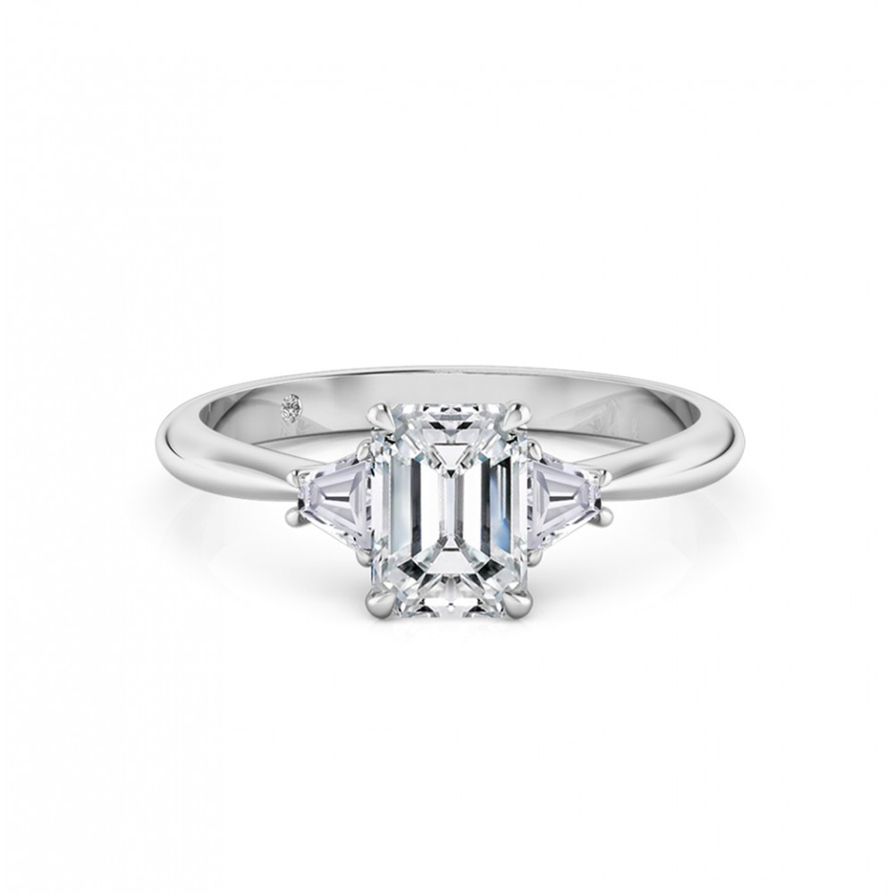 Emerald Cut Trilogy Diamond Engagement Ring 18K White Gold