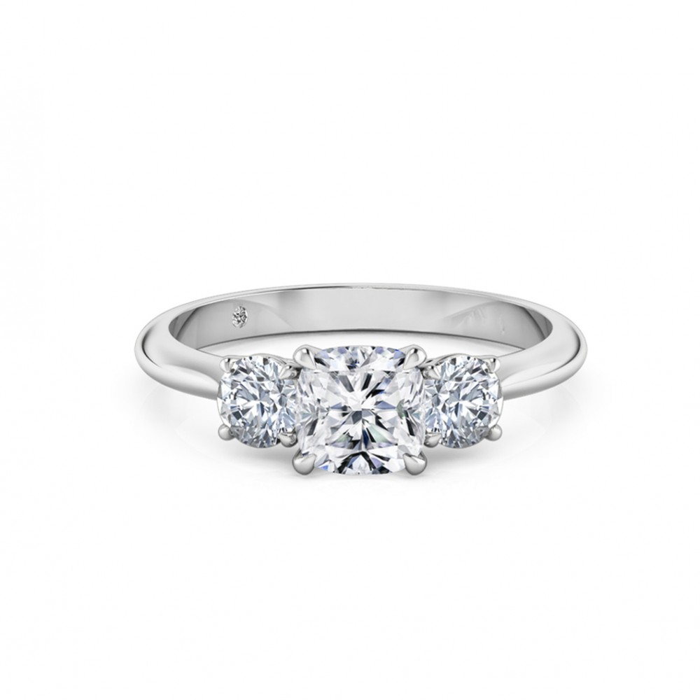 Cushion Cut Trilogy Diamond Engagement Ring 18K White Gold