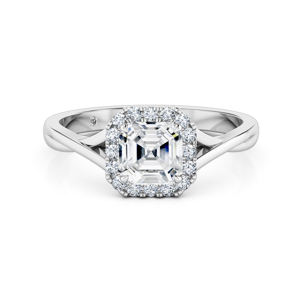 Asscher Cut Halo Diamond Engagement Ring 18K White Gold