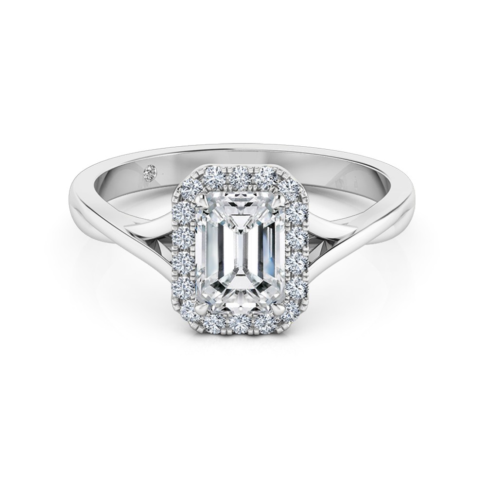 Emerald Cut Halo Diamond Engagement Ring 18K White Gold