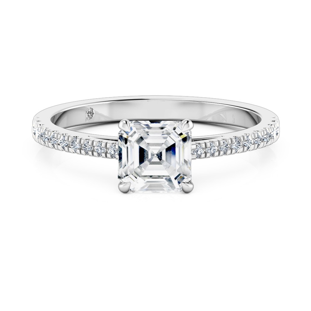 Asscher Cut Diamond Band Diamond Engagement Ring 18K White Gold