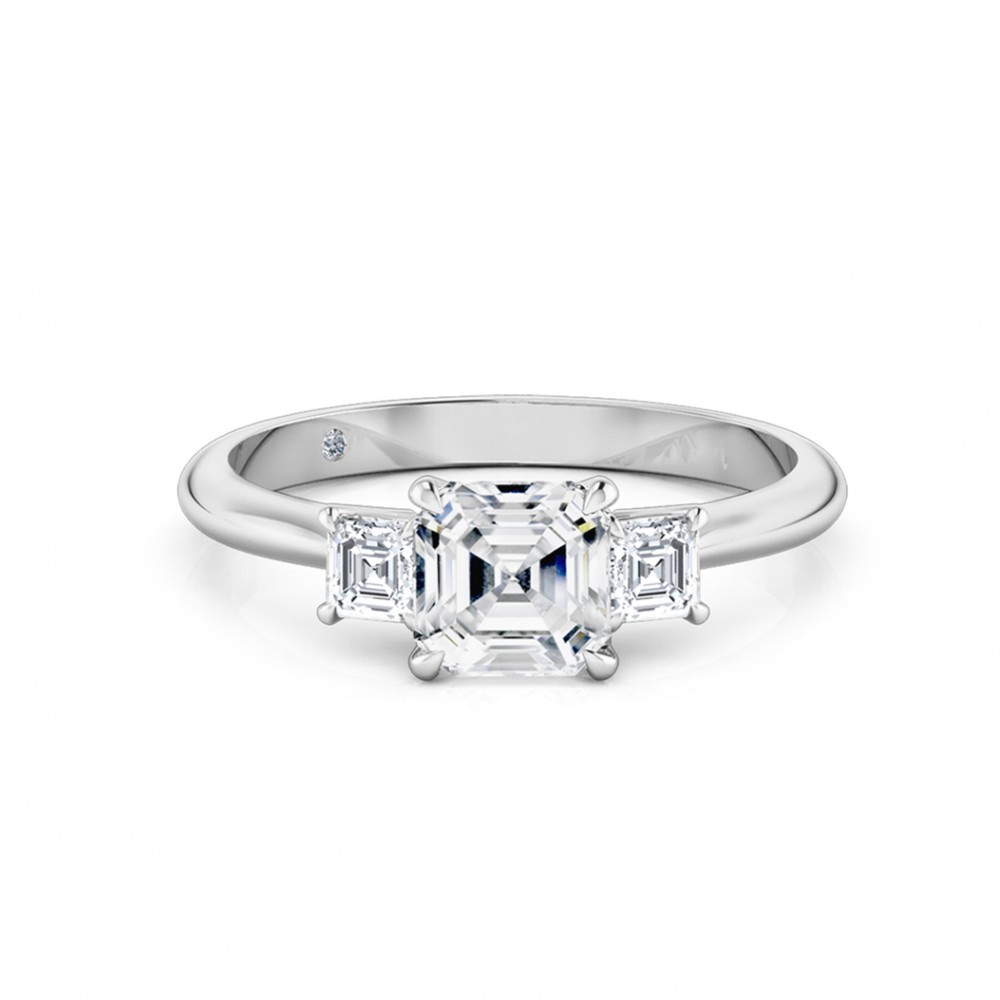 Asscher Cut Trilogy Diamond Engagement Ring 18K White Gold