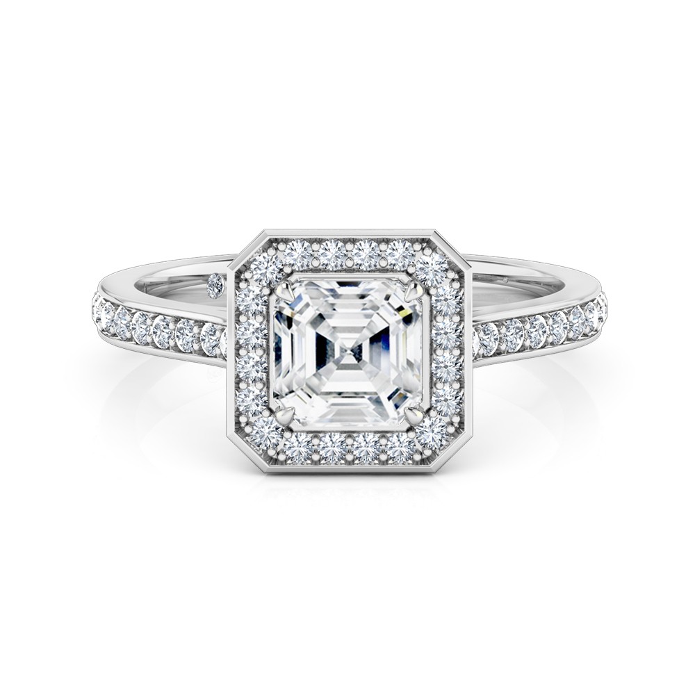 Asscher Cut Halo Diamond Engagement Ring 18K White Gold