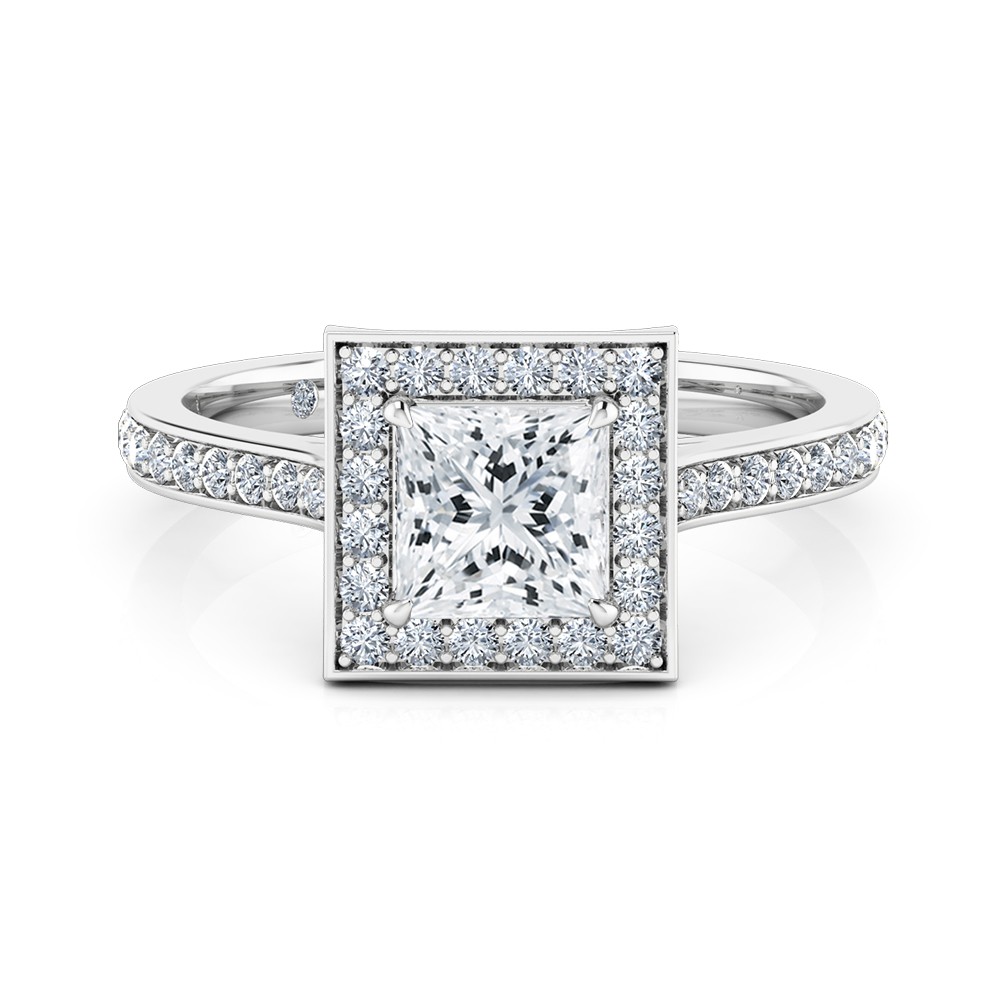 Princess Cut Halo Diamond Engagement Ring 18K White Gold