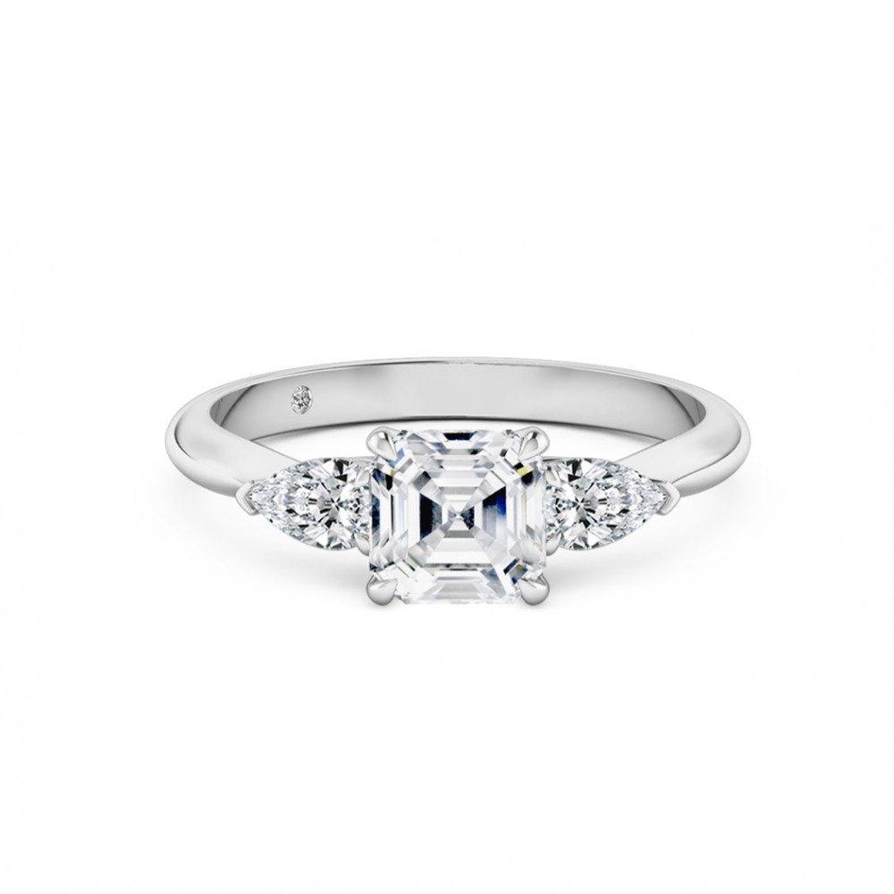 Asscher Cut Trilogy Diamond Engagement Ring 18K White Gold