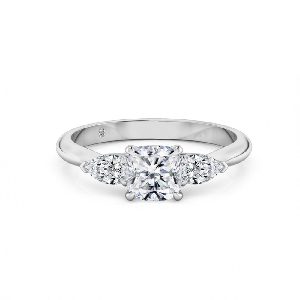 Cushion Cut Trilogy Diamond Engagement Ring 18K White Gold