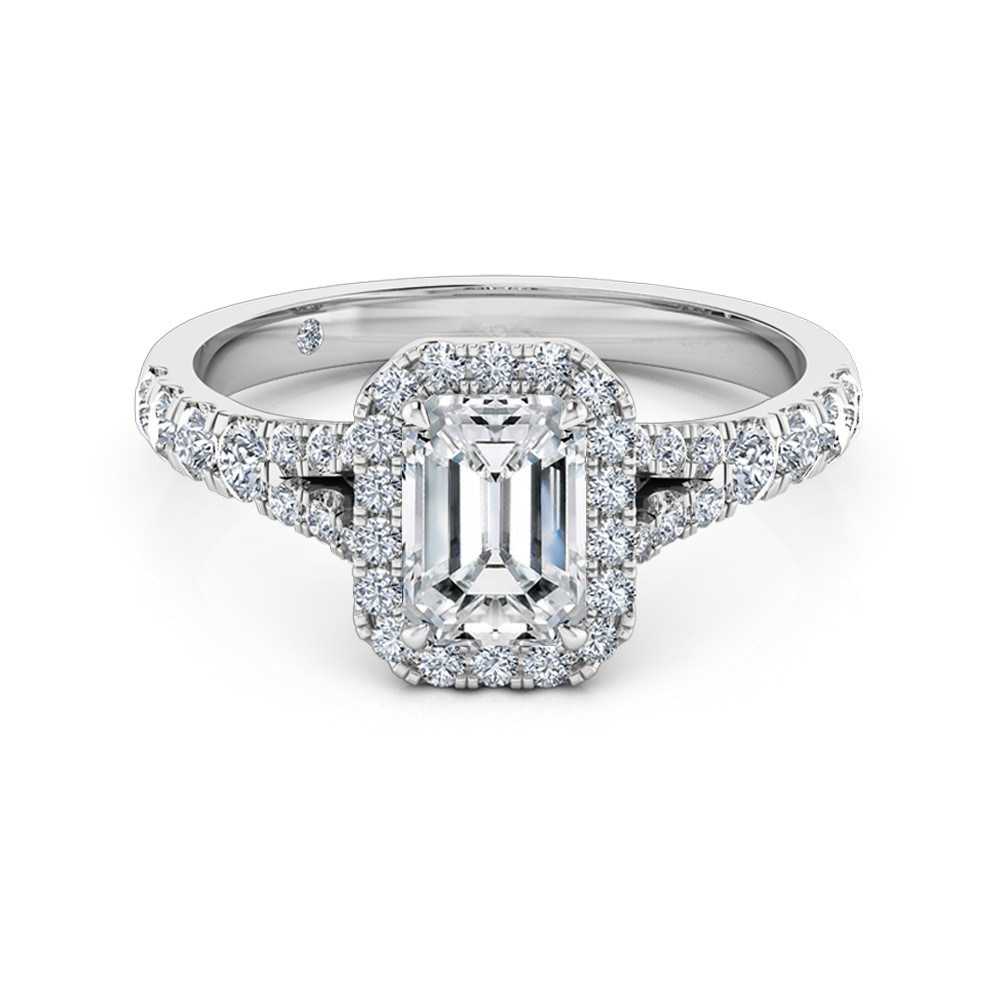 Emerald Cut Halo Diamond Engagement Ring 18K White Gold