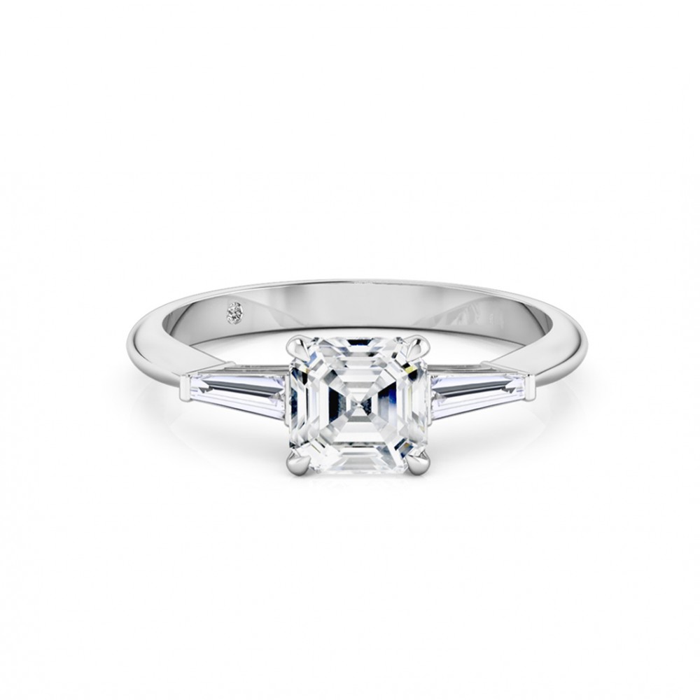 Asscher Cut Trilogy Diamond Engagement Ring 18K White Gold