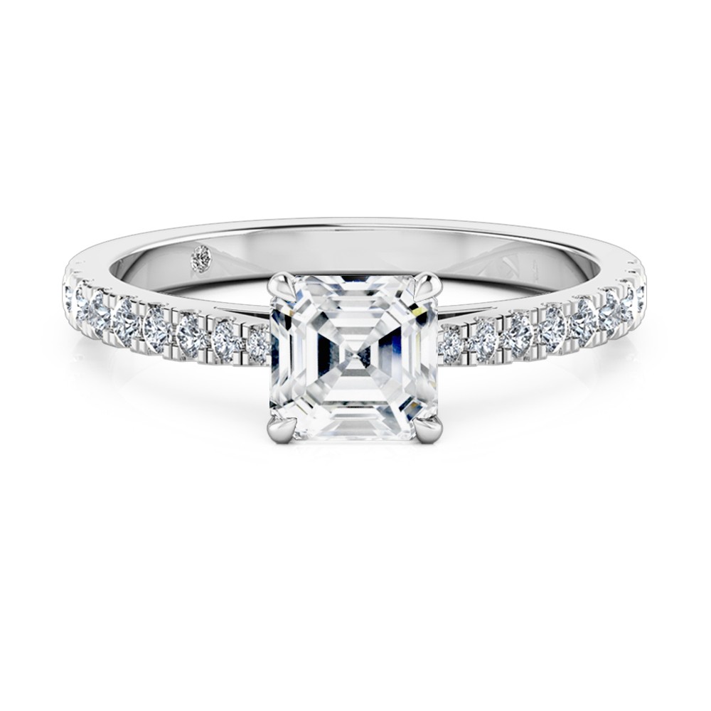 Asscher Cut Diamond Band Diamond Engagement Ring 18K White Gold