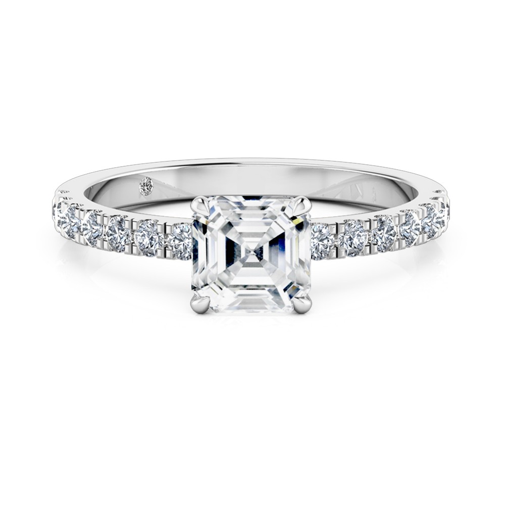 Asscher Cut Diamond Band Diamond Engagement Ring 18K White Gold