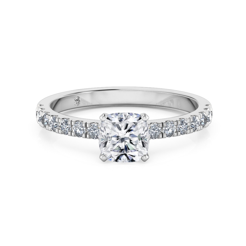 Cushion Cut Diamond Band Diamond Engagement Ring 18K White Gold