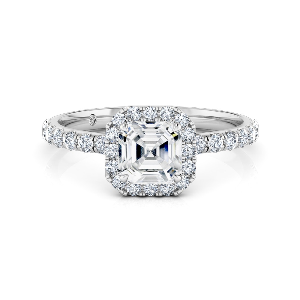 Asscher Cut Halo Diamond Engagement Ring 18K White Gold