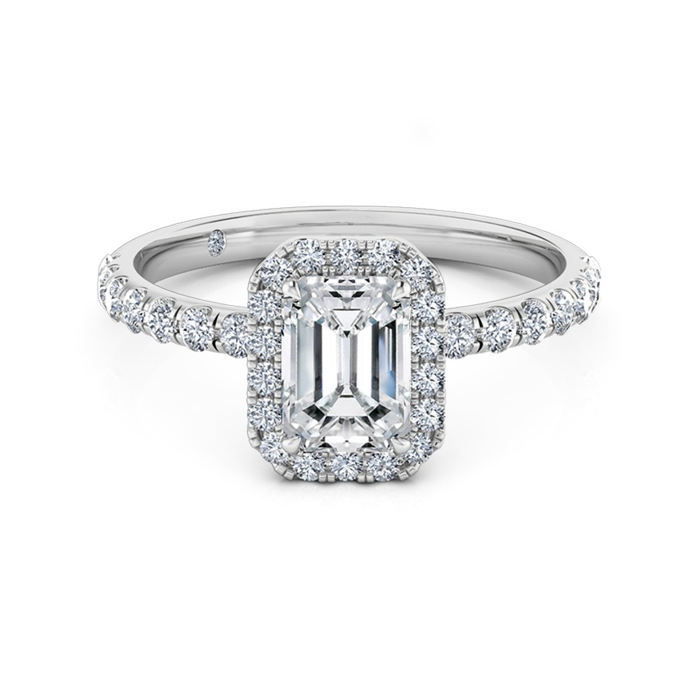 Emerald Cut Halo Diamond Engagement Ring 18K White Gold