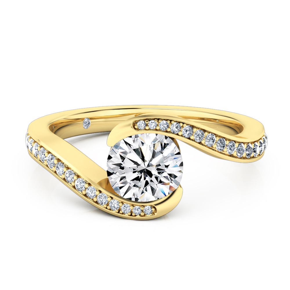 Round Cut Diamond Band Diamond Engagement Ring 18K Yellow Gold