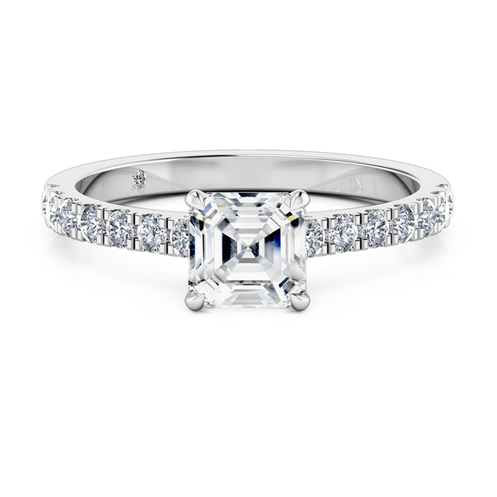 Asscher Cut Diamond Band Diamond Engagement Ring 18K White Gold