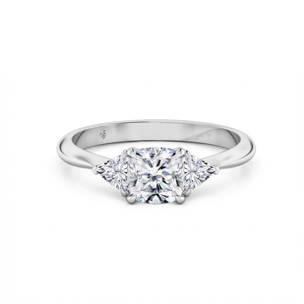 Cushion Cut Trilogy Diamond Engagement Ring 18K White Gold