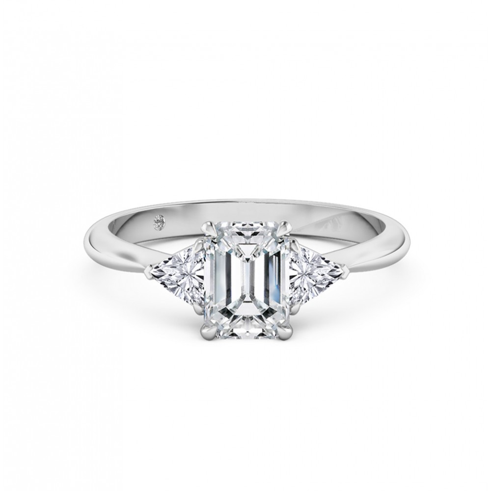 Emerald Cut Trilogy Diamond Engagement Ring 18K White Gold