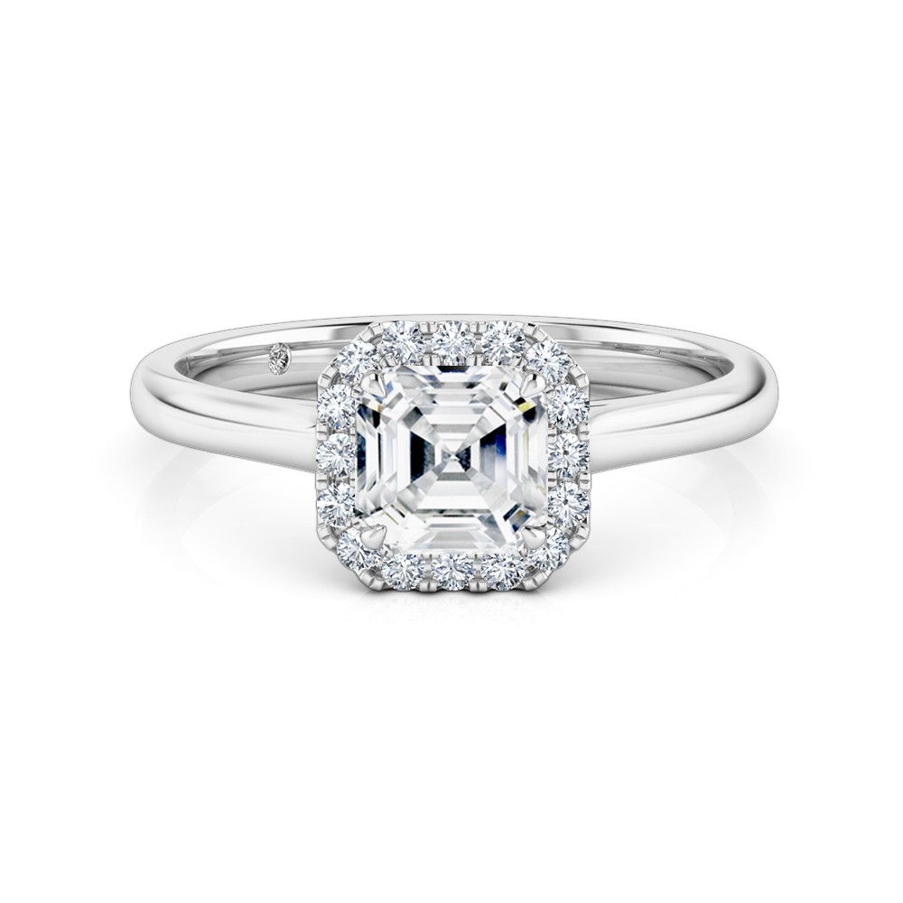 Asscher Cut Halo Diamond Engagement Ring 18K White Gold