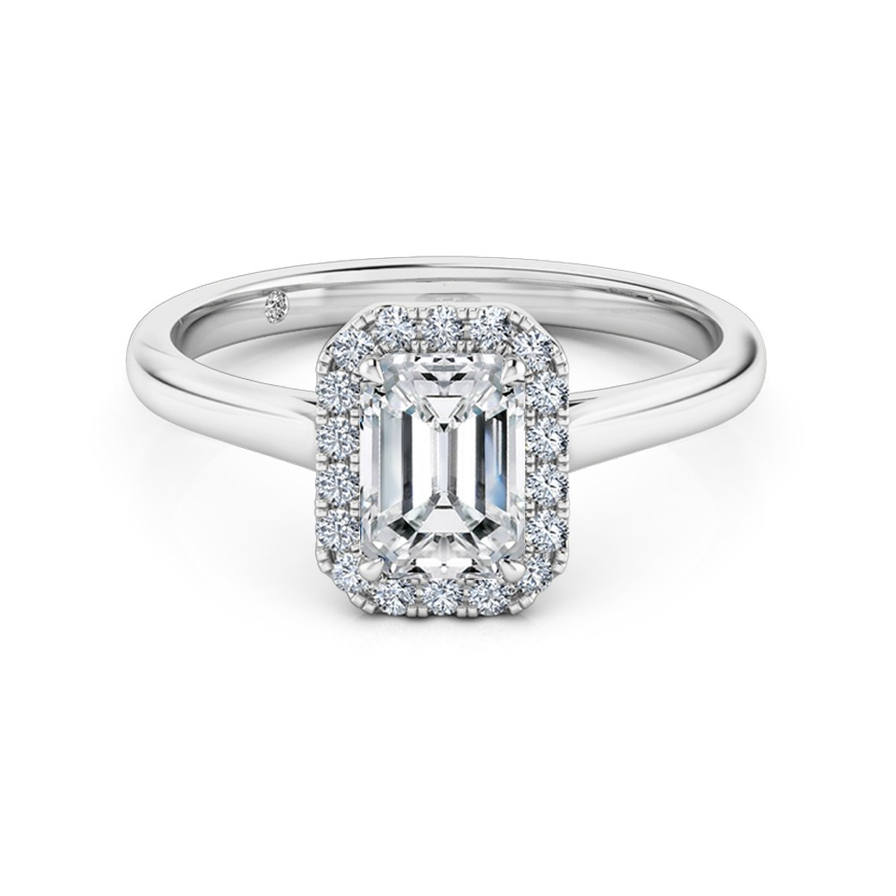 Emerald Cut Halo Diamond Engagement Ring 18K White Gold